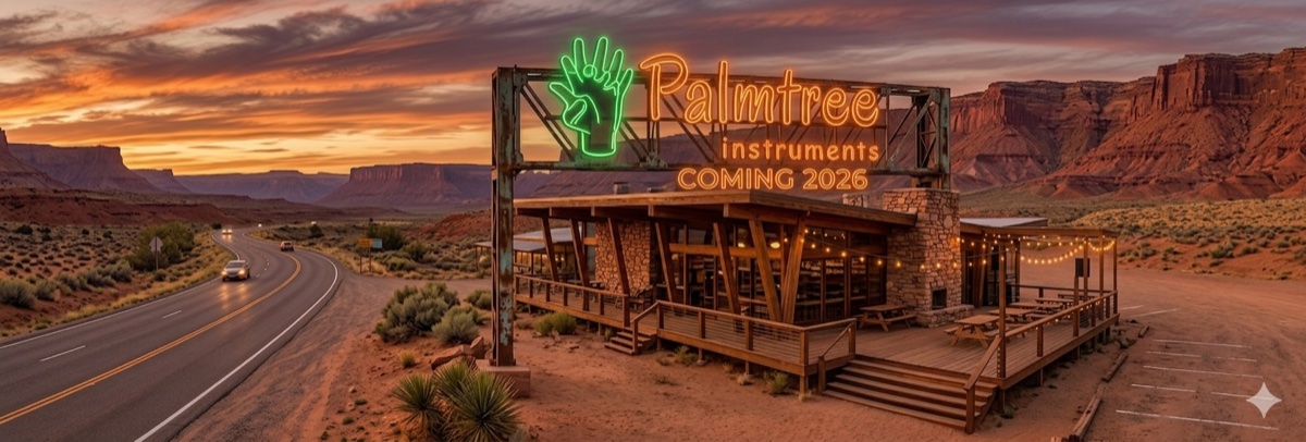 Palmtree Instruments roadside venue at sunset — Coming 2026